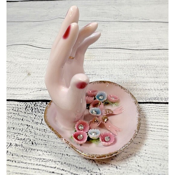 Vtg LEFTON Porcelain Pink HAND Figurine Display RING HOLDER Trinket Floral 3.5" - Picture 4 of 6